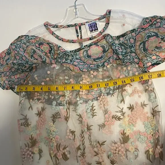 SUI by Anna Sui Sheer Embroidered Flounce Top Womens Small Floral Prairie Blouse